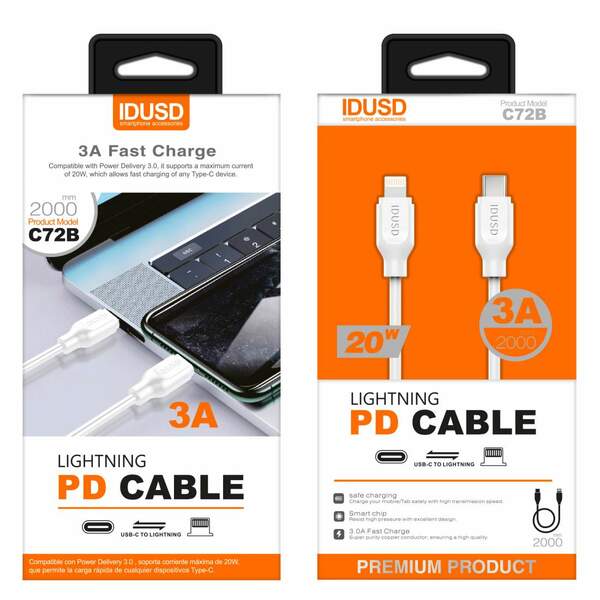 IDUSD CABLE TIPO-C a LIGHTNING PD 20W 3A 2M